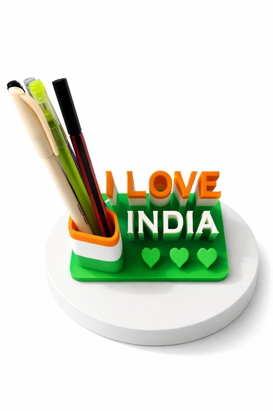 I Love India Pen Holder | Indian Flag Tricolor Desk Organizer | 3D Printed Pen Stand for Office, Home & Study Table