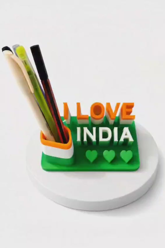 I Love India Pen Holder | Indian Flag Tricolor Desk Organizer | 3D Printed Pen Stand for Office, Home & Study Table
